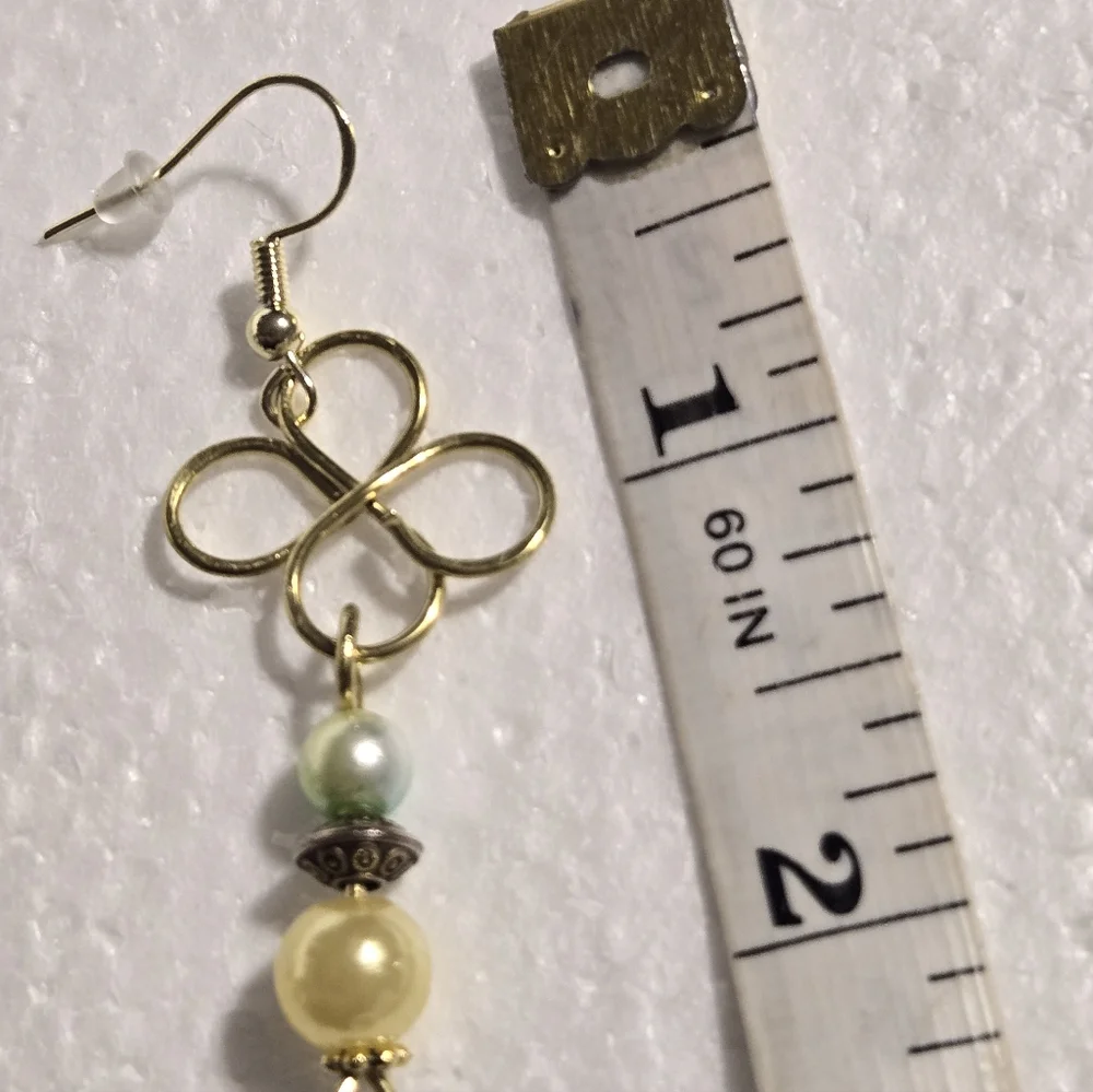 Hand Crafted Gold Clover Dangle Earrings with Pale Yellow and Mint/Yellow Beads - Picture 7 of 10